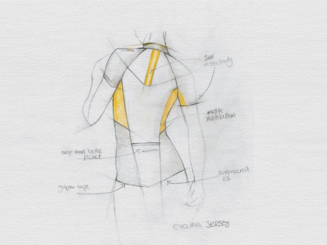 Sketch of a cycling jersey with labelled design features