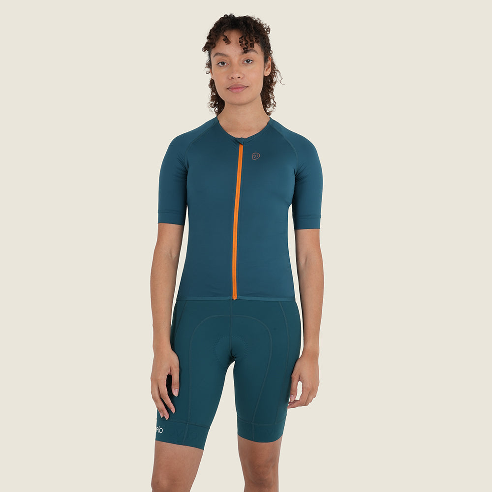 Womens Lowther Essential Lightweight SS Jersey (Petrol/Desert Sun) (model: sarah)