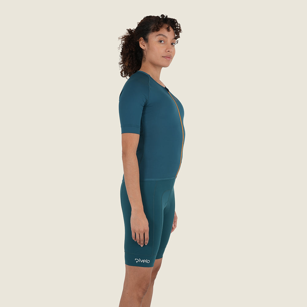 Womens Lowther Essential Lightweight SS Jersey (Petrol/Desert Sun) (model: sarah)
